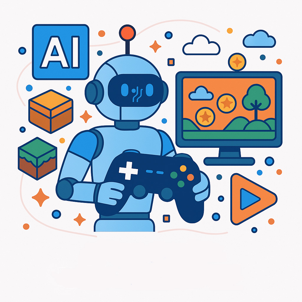 A playful, vector-style digital illustration shows a friendly blue robot correctly holding a game controller. Surrounding the robot are stylized icons representing AI, 3D cubes, a play button, and a video game environment on a screen with trees and coin icons. The color palette includes soft blues, oranges, and greens, evoking a futuristic yet accessible feel. The image symbolizes the integration of artificial intelligence into modern game development.